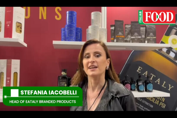 Eataly branded products display. Shelves feature pasta, coffee, and olive oil. Stefania Iacobelli, Head of Eataly Branded Products.
