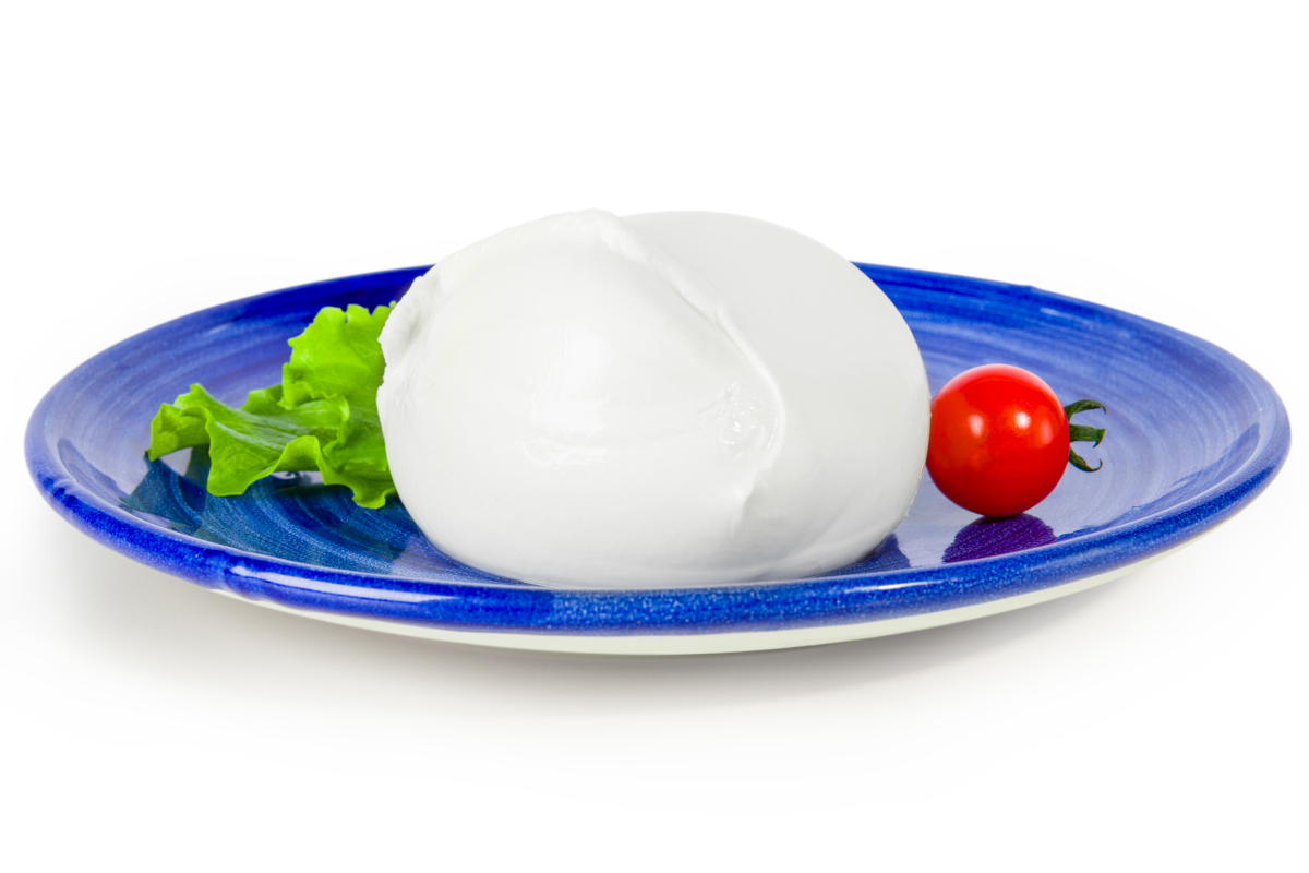 Fresh mozzarella di bufala on blue plate with tomato and lettuce. Italian cheese.