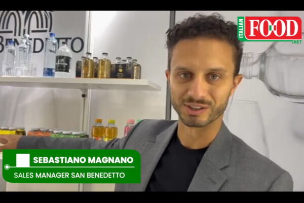 San Benedetto new products at SFFS 2025. Sales Manager Sebastiano Magnano presents mineral water and beverages.