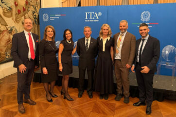 De Cecco Week of Italian Cuisine 2025 event. Group photo of attendees at the Italian Embassy in London.