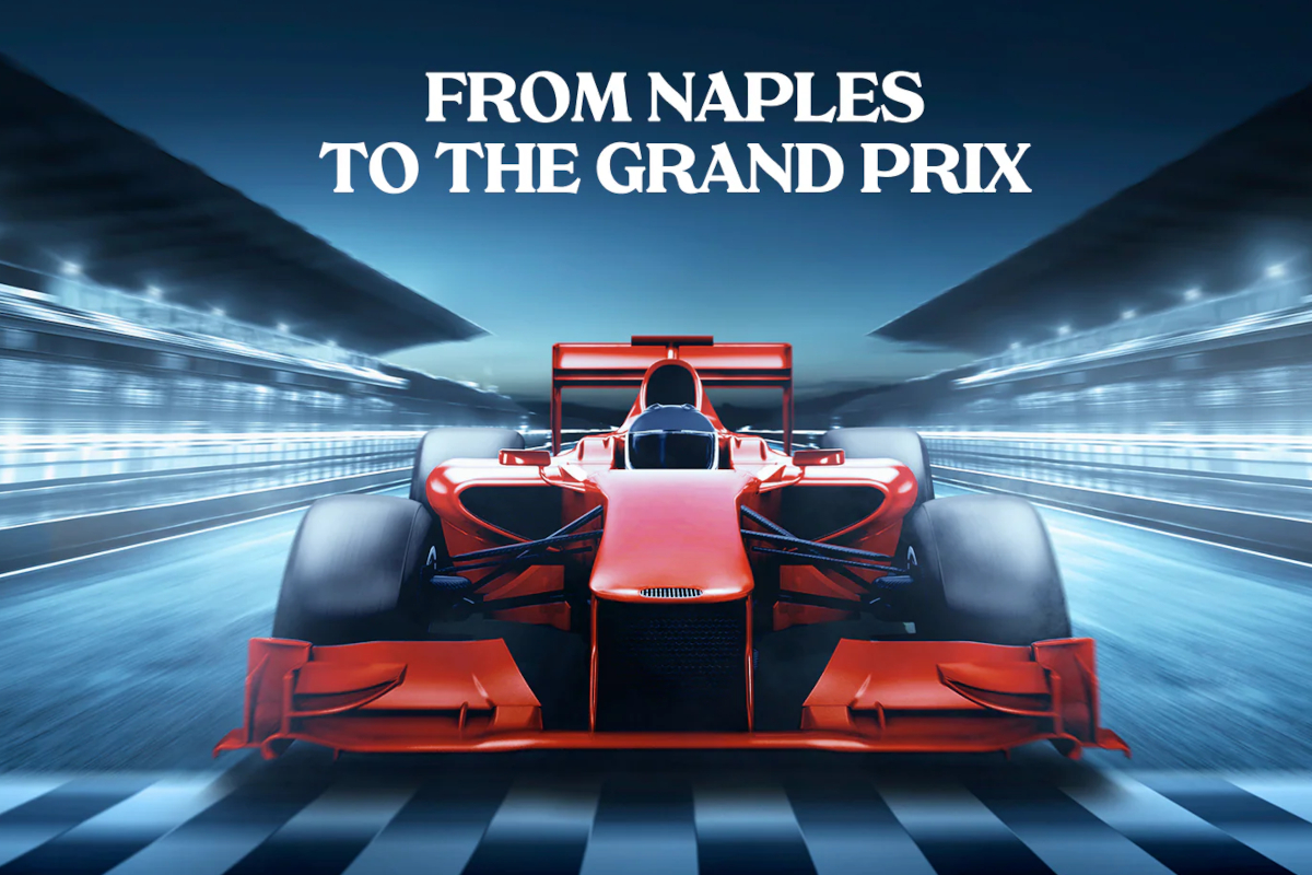 Kimbo at F1 Las Vegas Grand Prix. Red Formula 1 race car speeding on the track. Naples to Grand Prix.