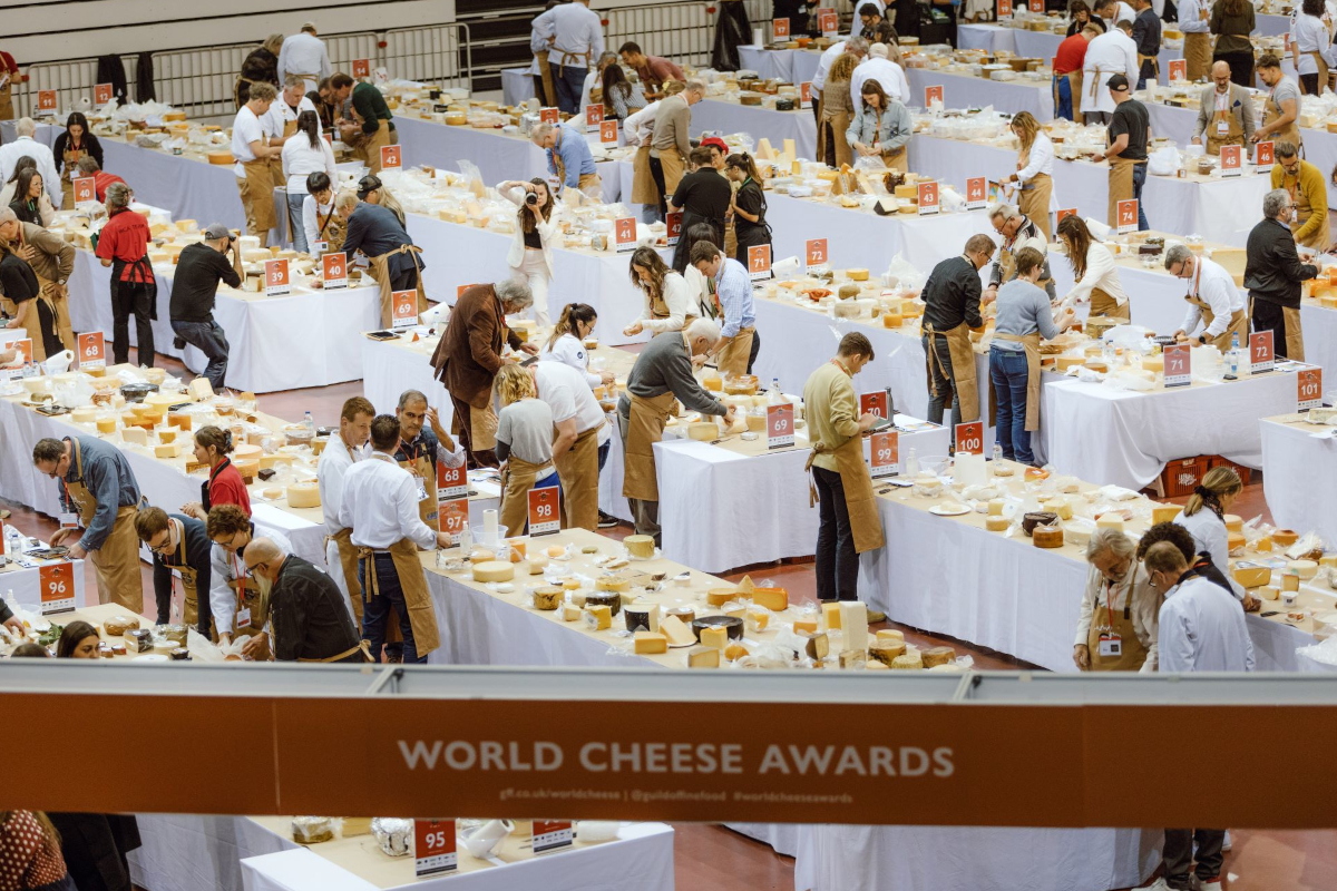 World Cheese Awards 2025 event. Judges evaluate cheeses on tables. Italy ranks third in cheese competition.