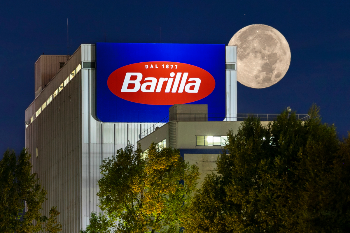 Barilla headquarters building at night. Italian cuisine heritage. UNESCO.