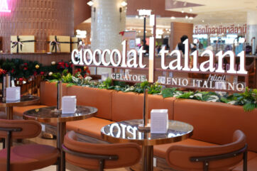 Cioccolatitaliani cafe in Bangkok, Thailand. Italian gelato and chocolate shop interior with seating.