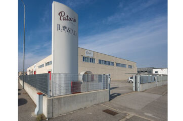 Il Pastaio factory in Berlingo, Brescia. Patarò pasta production facility exterior. Italian food manufacturing.