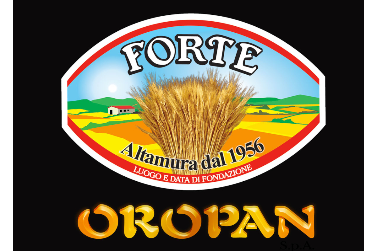 Oropan Forte logo. Wheat field, Altamura dal 1956. Italian bakery brand.