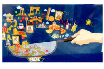 UNESCO, Italian cuisine illustration. Landmarks and food icons rise from a pan held by a hand. Italian food culture.