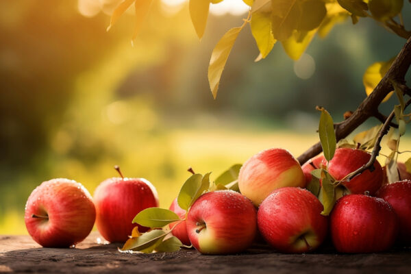 Fresh Italian apples with water droplets on a rustic surface. Italy apple export concept.