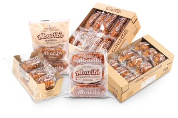 Assorted Abaribi croissants. Classic, sugar-topped, and individually wrapped pastries in boxes and bags. Italian baked goods.