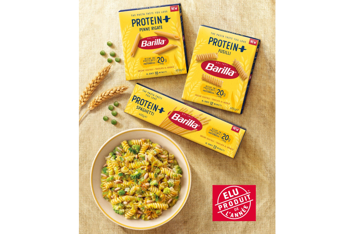 Barilla Protein+ pasta: Penne Rigate, Fusilli, Spaghetti. High protein pasta dish. Product of the Year 2026 in France.