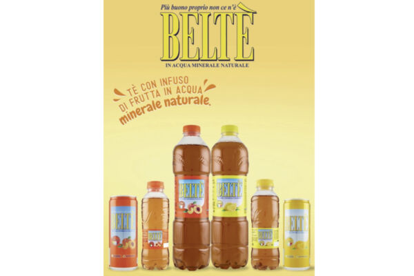 Beltè Italian Iced Tea. Bottles and cans of Beltè peach and lemon iced tea.