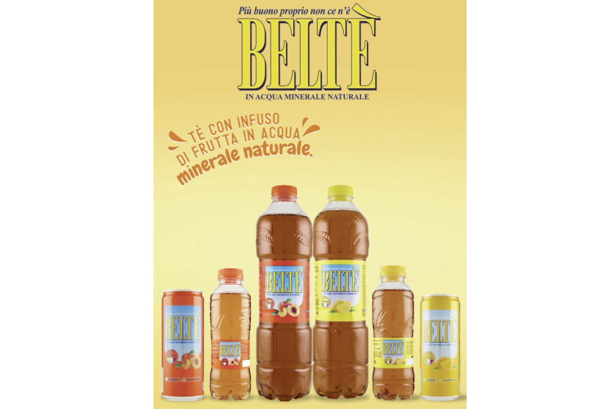 Tè freddo italiano Beltè. Bottiglie e lattine di tè freddo alla pesca e limone Beltè.