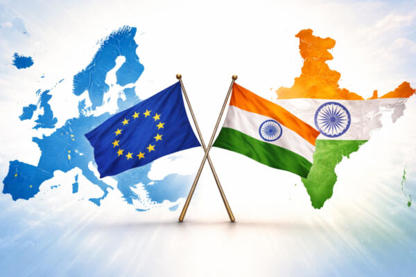 EU-India free trade agreement: Flags of Europe and India over their respective maps.