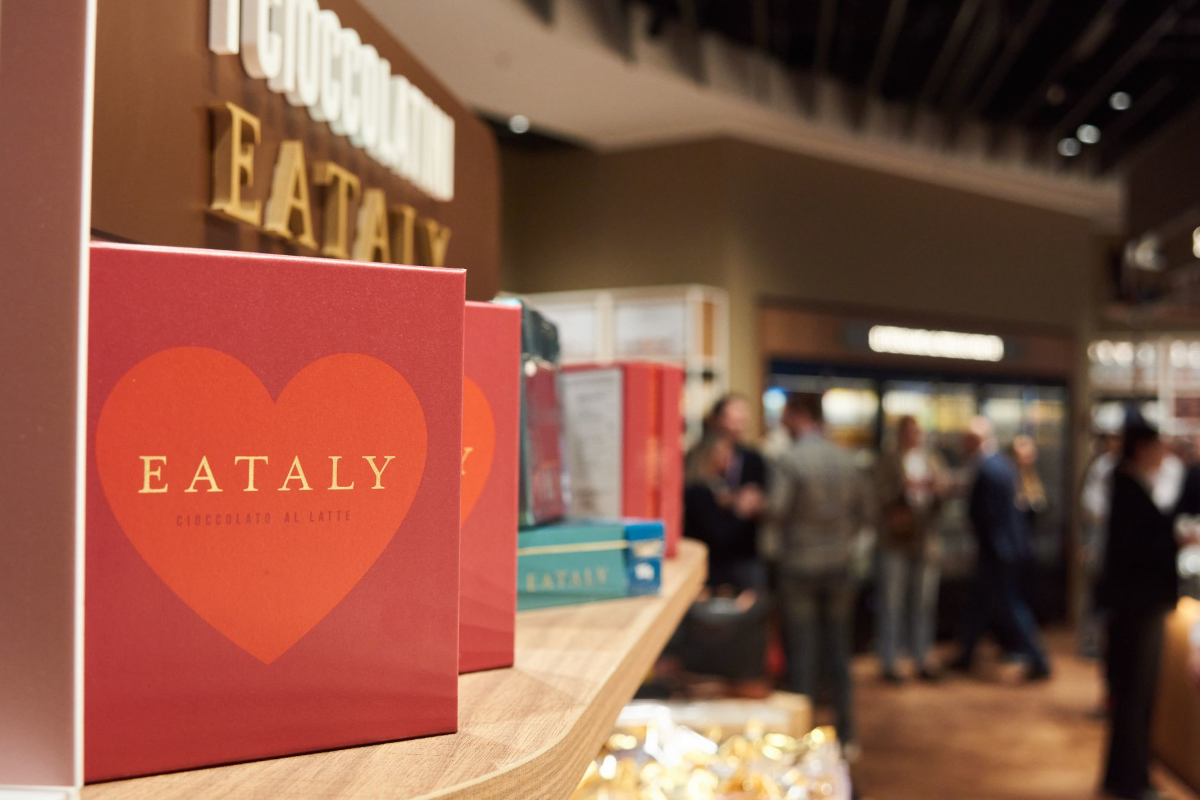 Avolta, Eataly chocolate box with heart. Italian food market. Gourmet chocolate gifts on display.