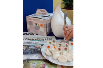 Campana Bufala mozzarella tasting at Alimentaria Barcelona 2026. Fresh Italian cheese samples with logo flags. Food expo.