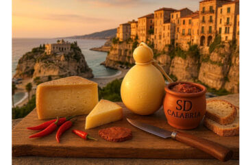 Calabrian Nduja, cheese, and chili peppers with Tropea, Italy in the background. Calabria food.