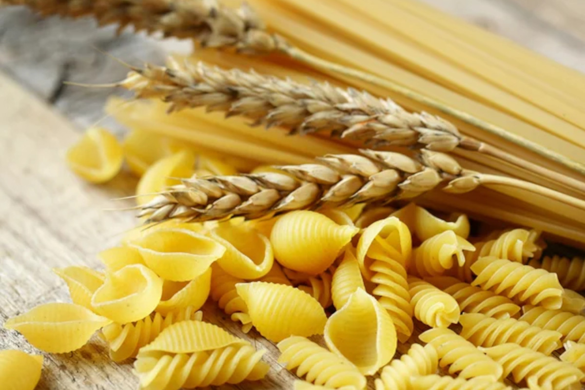 Italian pasta varieties: shells, fusilli, spaghetti, and wheat stalks. Made in Italy, pasta exports.
