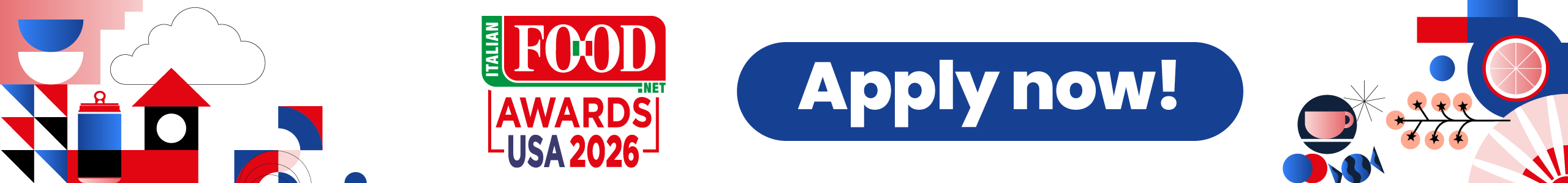 Food Awards USA 2026: Apply now! Abstract geometric design in red, white, and blue.