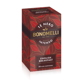 Bonomelli English Breakfast Tea. Box of Tè Nero tea with intense flavor.