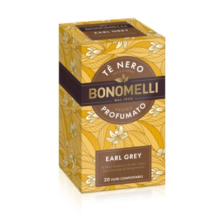 Bonomelli Earl Grey Tea box. Black tea selection, aromatic and flavorful. Compostable tea filters.
