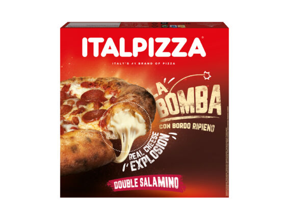 Italpizza La Bomba Double Salamino frozen pizza with cheese-filled crust.