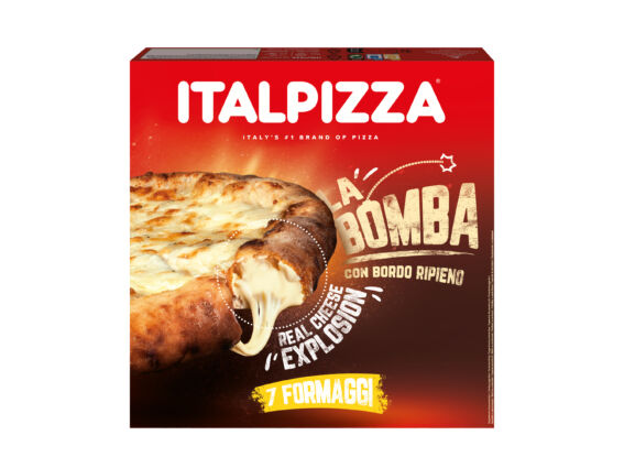 Italpizza La Bomba frozen pizza with cheese-filled crust. 7 Formaggi pizza box.