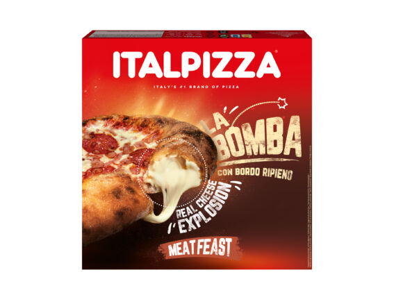 Italpizza La Bomba Meat Feast frozen pizza with filled crust. Italian style pizza with cheese explosion.