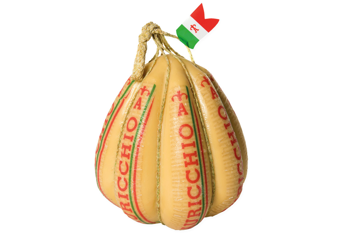 Auricchio cheese. Italian provolone cheese with the Italian flag. Delicious dairy product.
