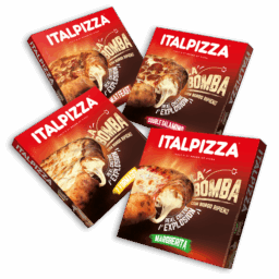 Italpizza La Bomba frozen pizza with filled crust. Flavors: Margherita, 7 Formaggi, Double Salamino, and Meat Feast.