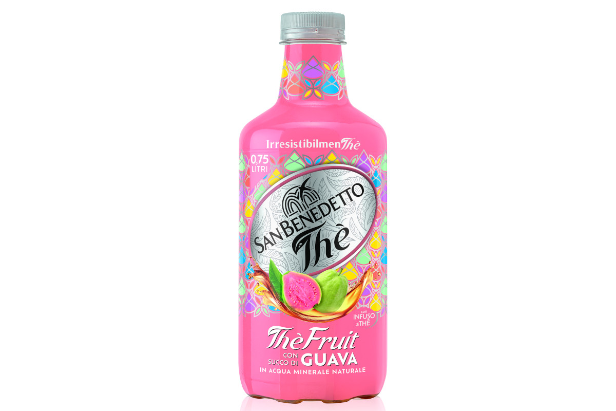 San Benedetto The Fruit Guava drink. Pink bottle with guava fruit.