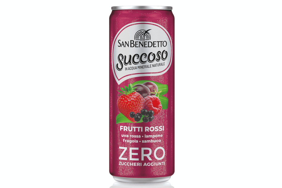 San Benedetto Succoso Red Fruits drink can. Zero sugar added beverage with strawberry, raspberry, and grapes.