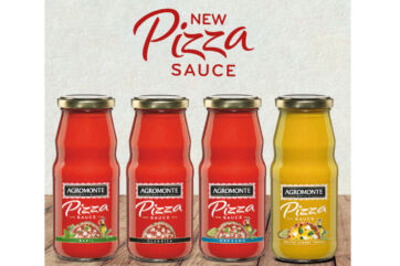 Agromonte new pizza sauce range. Jars of basil, classica, oregano, and yellow cherry tomato pizza sauce.