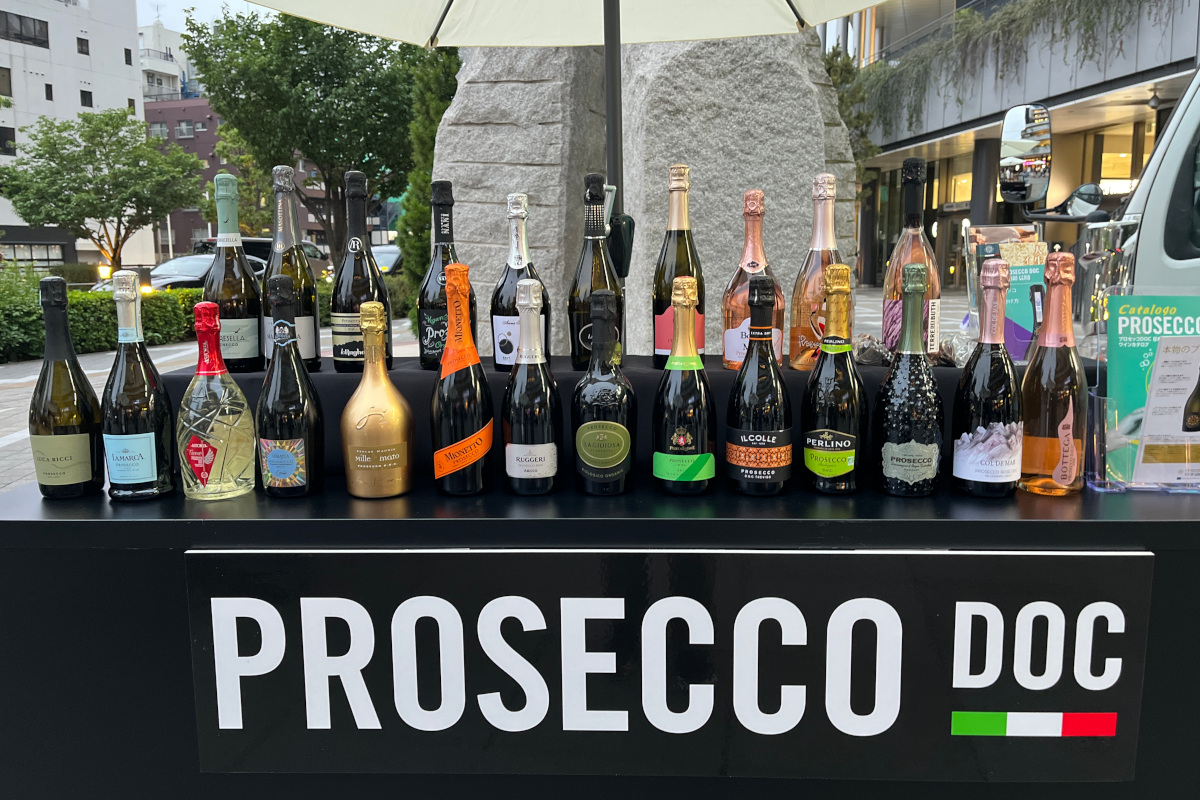 Assorted Prosecco DOC bottles on display. Italian sparkling wine selection.