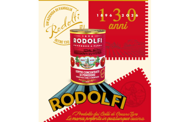 Rodolfi tomato paste can celebrating 130 years. Italian tomato product, double concentrate. Food brand anniversary.
