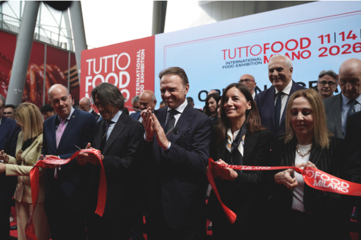 Tuttofood Milano 2026 inauguration. People cutting ribbon at the International Food Exhibition. Food industry event.