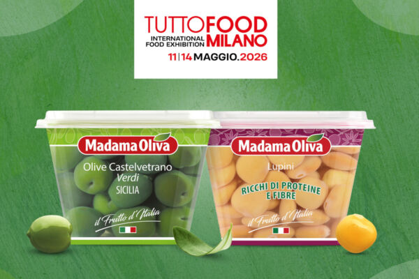 Madama Oliva olives and lupini beans at Tuttofood 2026. Italian food products.
