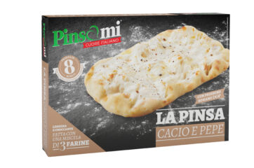 Pinsa Cacio e Pepe packaging. Italian Pinsa with Pecorino Romano DOP. Ready in 8 minutes. Pinsami.