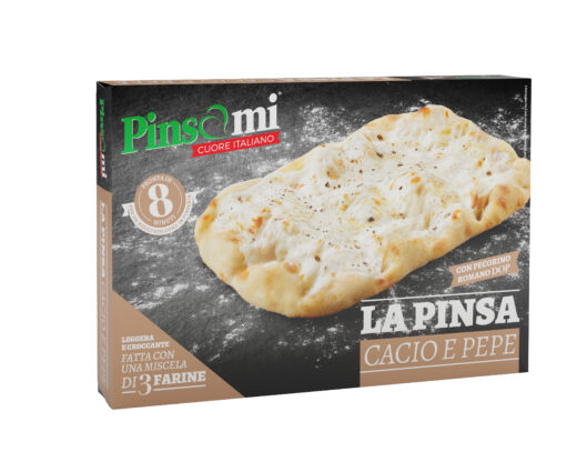 Pinsami Pinsa Cacio e Pepe packaging. Italian flatbread pizza with cheese and pepper. Ready in 8 minutes.