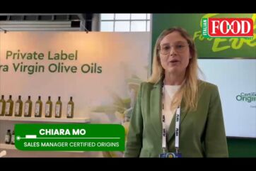 Private label extra virgin olive oils display. Chiara Mo, sales manager, Certified Origins. Authentic EVO and tomato sauces.