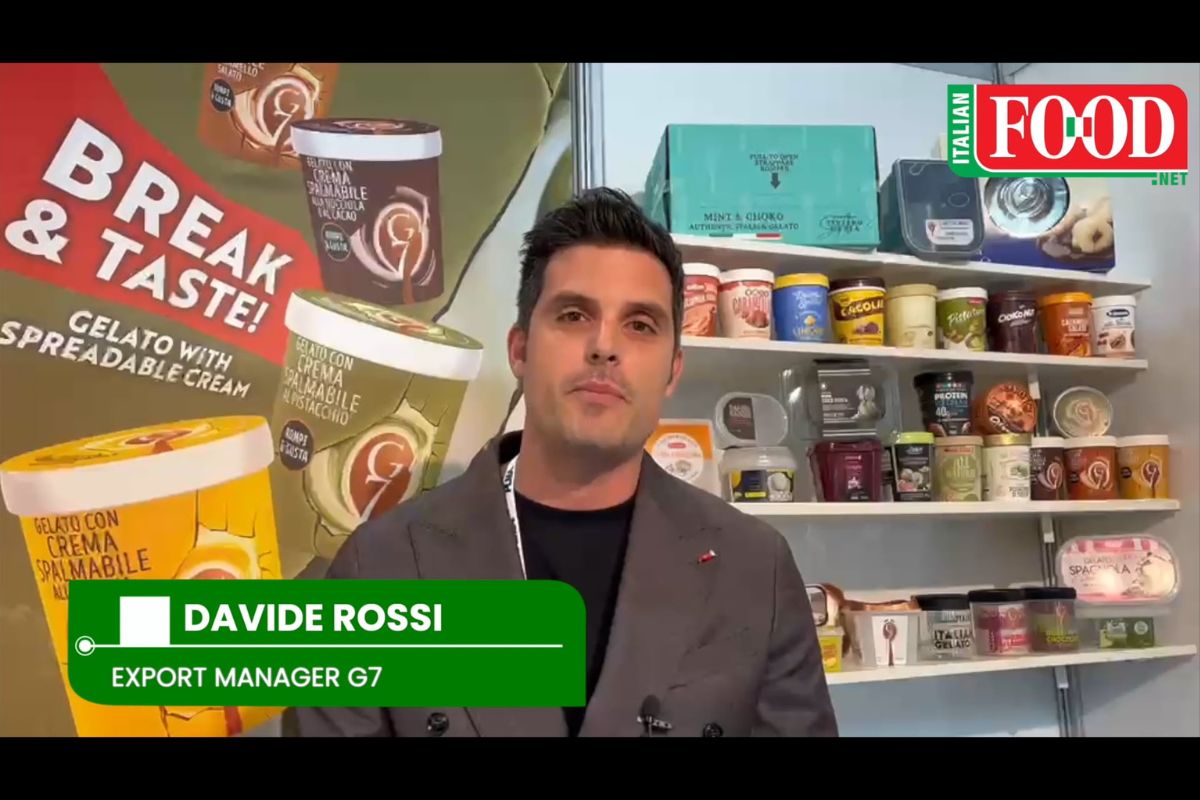 G7 Italian gelato display. Features Davide Rossi, Export Manager, and spreadable cream gelato in various flavors.