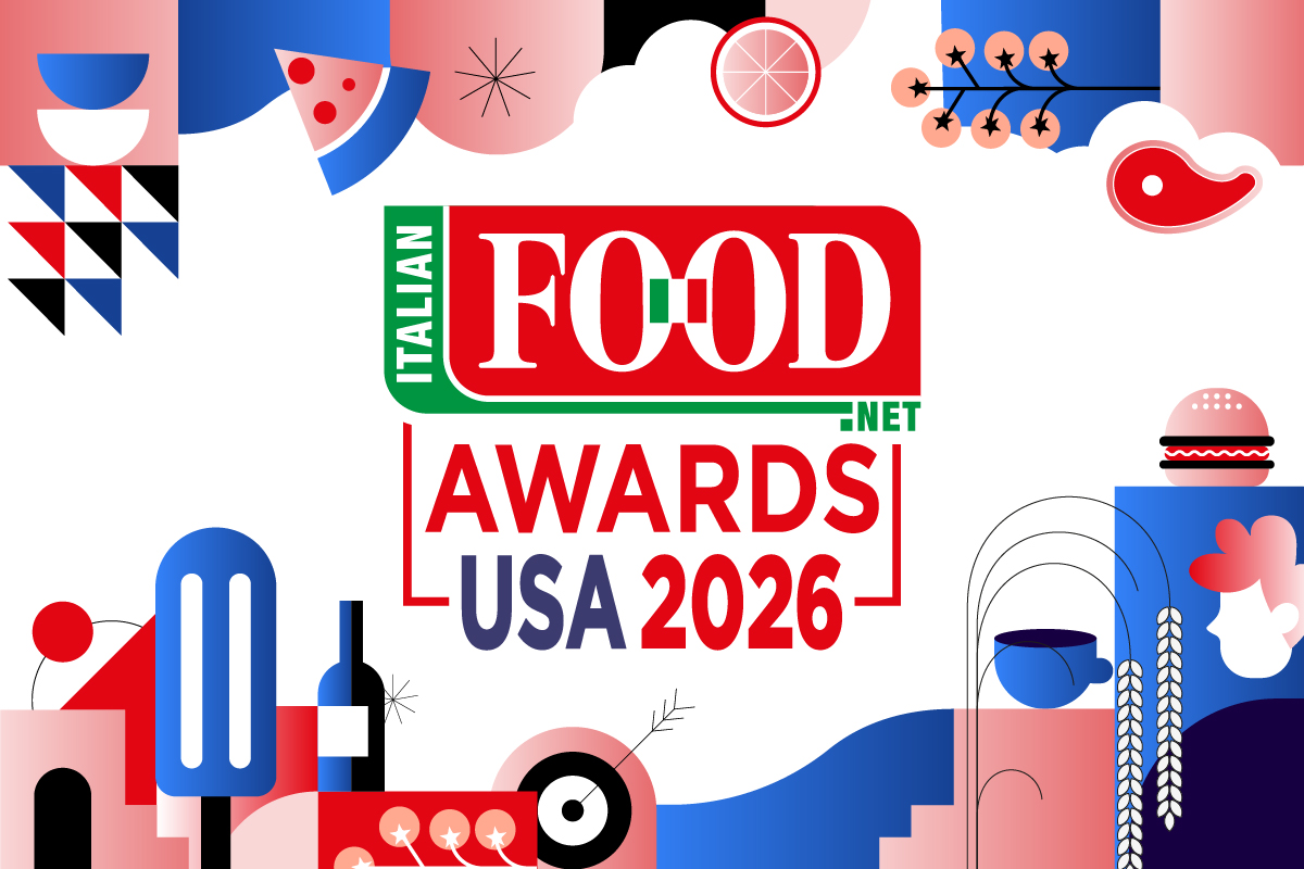 Italian Food Awards USA 2026 logo with abstract culinary icons including pizza, wine, and wheat in a modern graphic style.