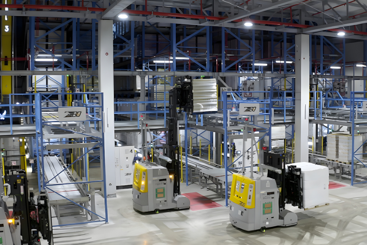 Automated guided vehicles (AGVs) transporting palletized goods in an AS/RS warehouse with conveyor systems and steel racks.