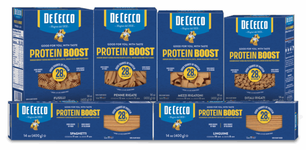 De Cecco Protein Boost pasta boxes in various shapes, a finalist in the 2026 Italian Food Awards USA.