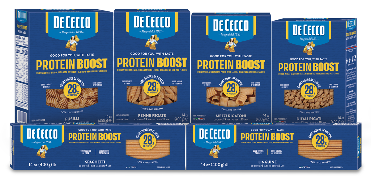 De Cecco Protein Boost pasta boxes in various shapes, a finalist in the 2026 Italian Food Awards USA.