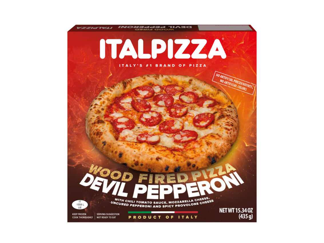 Italpizza Devil Pepperoni wood-fired pizza box, a 2026 Italian Food Awards USA finalist, featuring authentic Italian pizza.