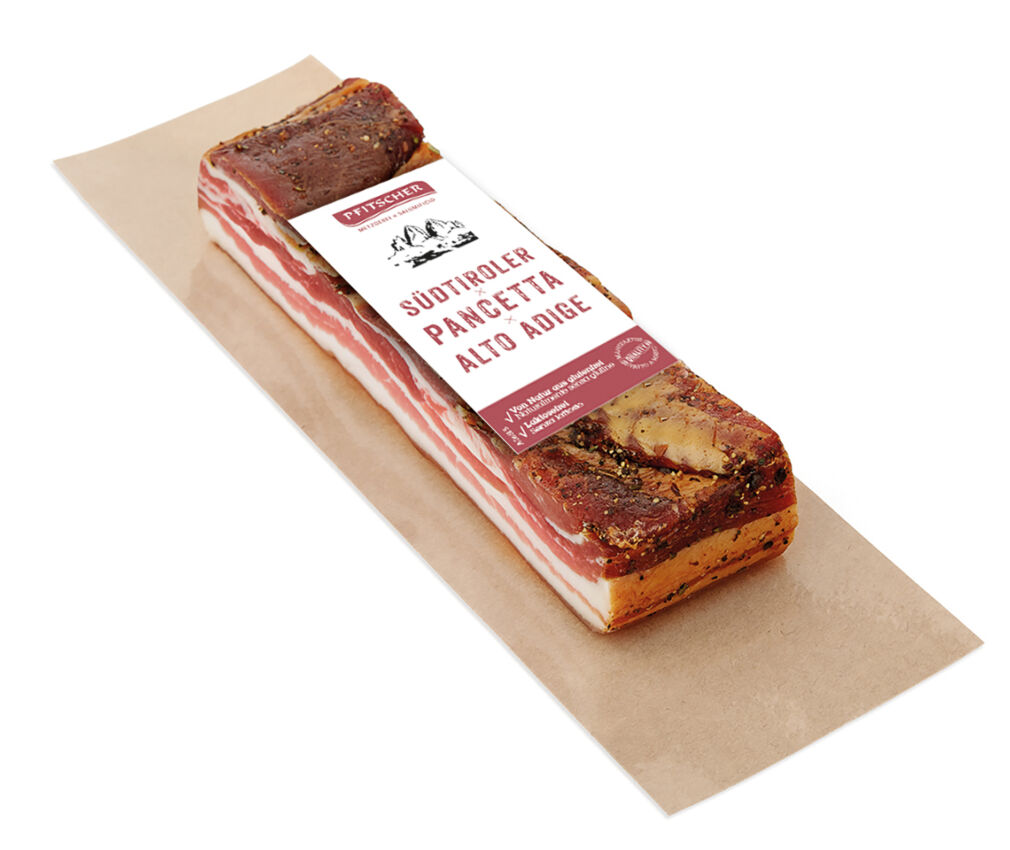 Pfitscher Südtiroler Pancetta Alto Adige, a premium Italian cured meat finalist in the 2026 Italian Food Awards USA.