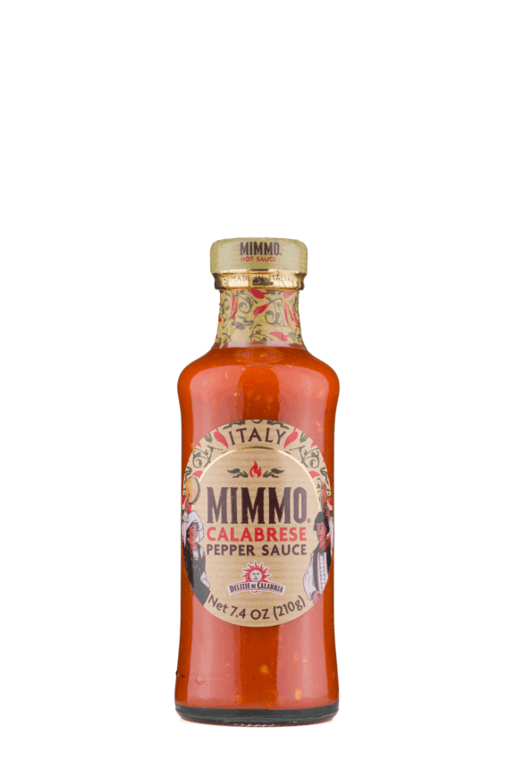 Bottle of Mimmo Calabrese Pepper Sauce, an authentic Italian hot sauce finalist in the 2026 Italian Food Awards USA.