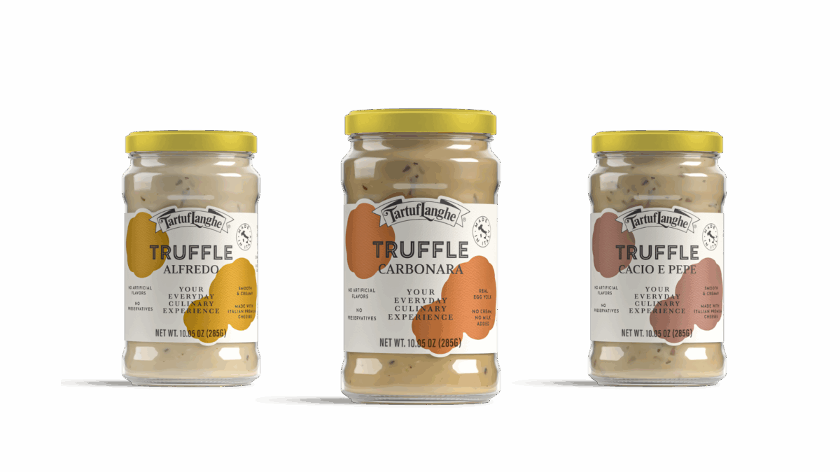 Three jars of Tartuflanghe truffle sauce: Alfredo, Carbonara, and Cacio e Pepe, finalists in the Italian Food Awards USA.