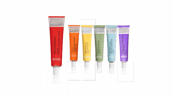 Assorted Tartuflanghe gourmet Italian truffle spreads and creams in colorful tubes, 2026 Italian Food Awards USA finalist.