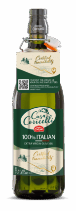 Casa Coricelli 100% Italian Extra Virgin Olive Oil bottle with a certified traceability tag and QR code for the awards.